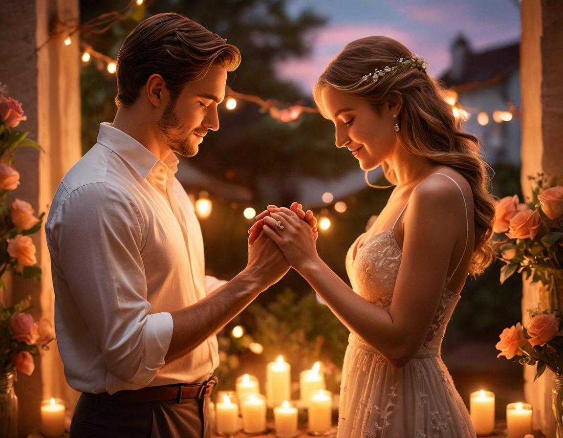 A cozy, intimate setting featuring a couple sharing a heartfelt moment, surrounded by soft candlelight and delicate flowers. The background should include a picturesque sunset creating a romantic ambiance. Illustrate heart-shaped gestures like love notes and intertwined hands in focus. The scene should evoke warmth and tenderness, enhancing the theme of connection and romance. soft focus. vibrant colors. warm lighting.