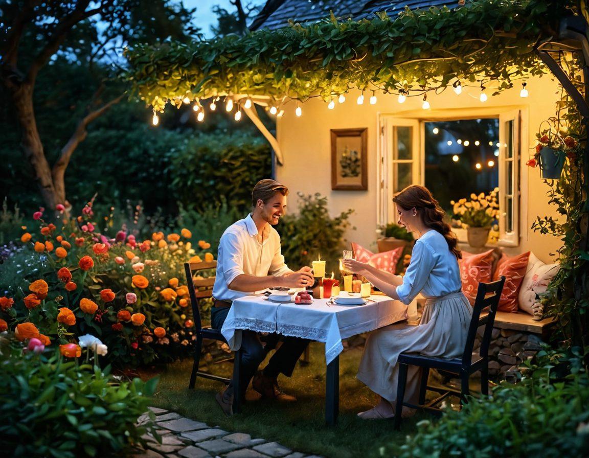 A cozy scene depicting a couple sharing meaningful gestures, such as exchanging love notes, preparing a candlelit dinner, and enjoying a picnic in a lush garden. The warm and inviting atmosphere should be enhanced with soft, glowing lights and romantic elements like flowers and heart-shaped decorations. Include elements that symbolize deep connections and affection, like intertwined hands and smiling faces. super-realistic. vibrant colors. romantic ambiance.