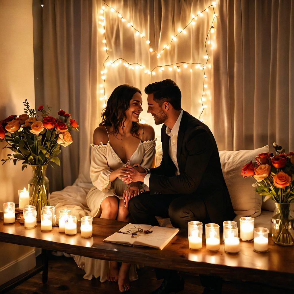 A cozy intimate scene featuring a couple engaged in thoughtful acts of love, surrounded by soft candlelight and meaningful mementos from their relationship. The setting includes a heart-shaped table, a vase of fresh flowers, handwritten love notes, and a backdrop of warm colors symbolizing connection and devotion. The couple is smiling, showcasing deep emotional bonding. soft lighting. romantic ambiance. super-realistic. vibrant colors.